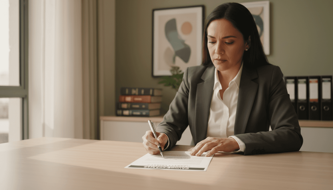 Advogada revisando contrato de trabalho com atenção aos detalhes