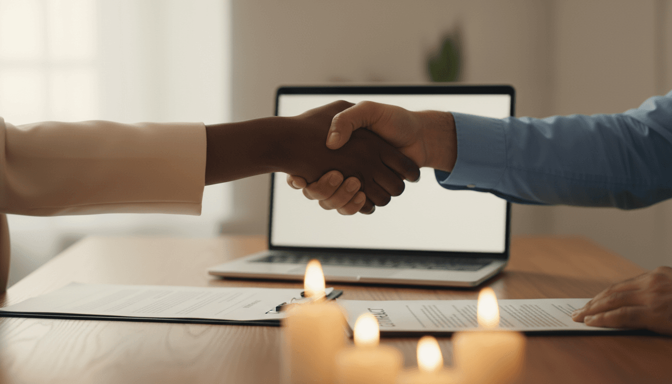 Cliente e advogado fechando acordo após consulta jurídica bem-sucedida