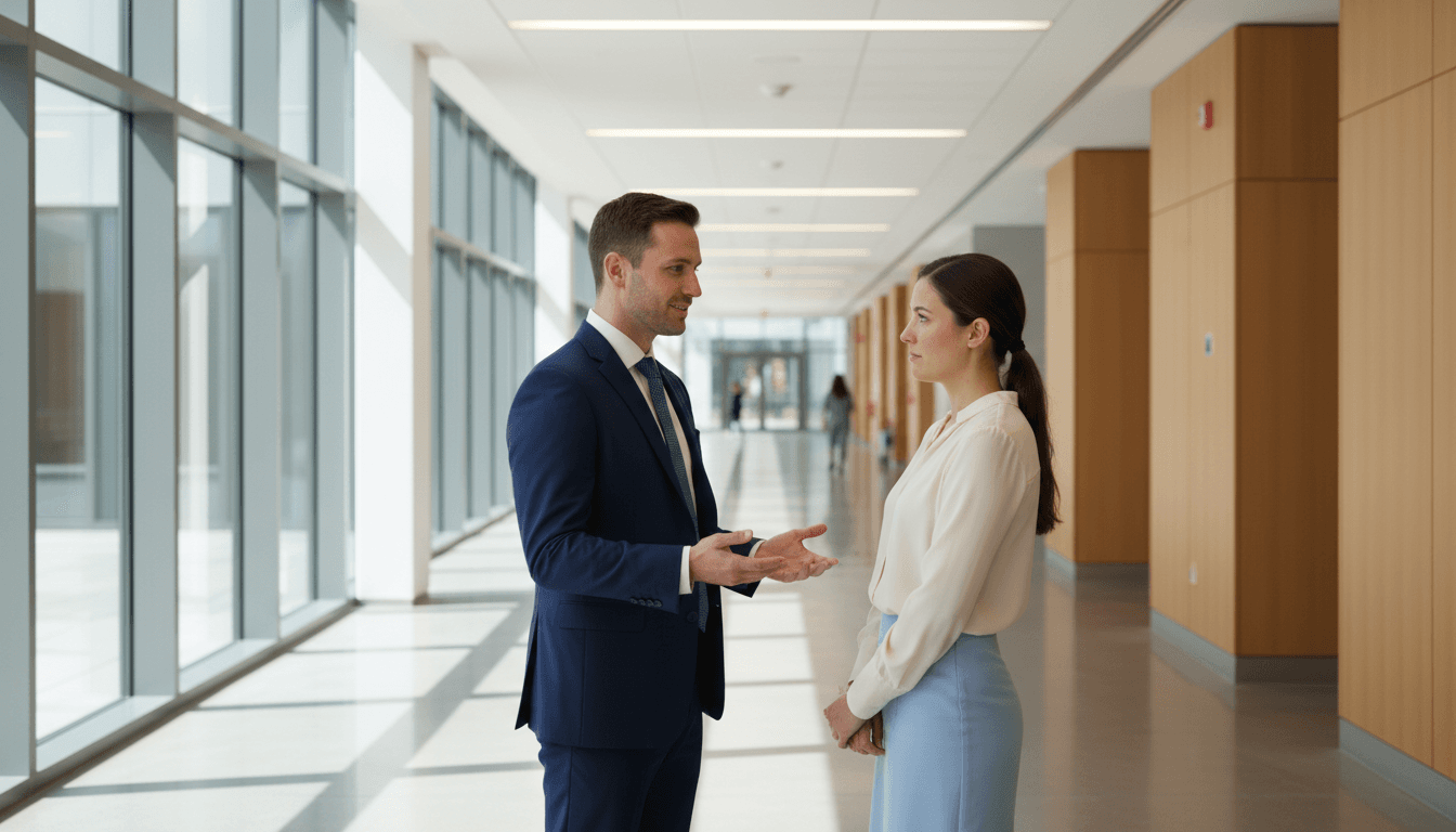 Advogado conversa com cliente em corredor de fórum