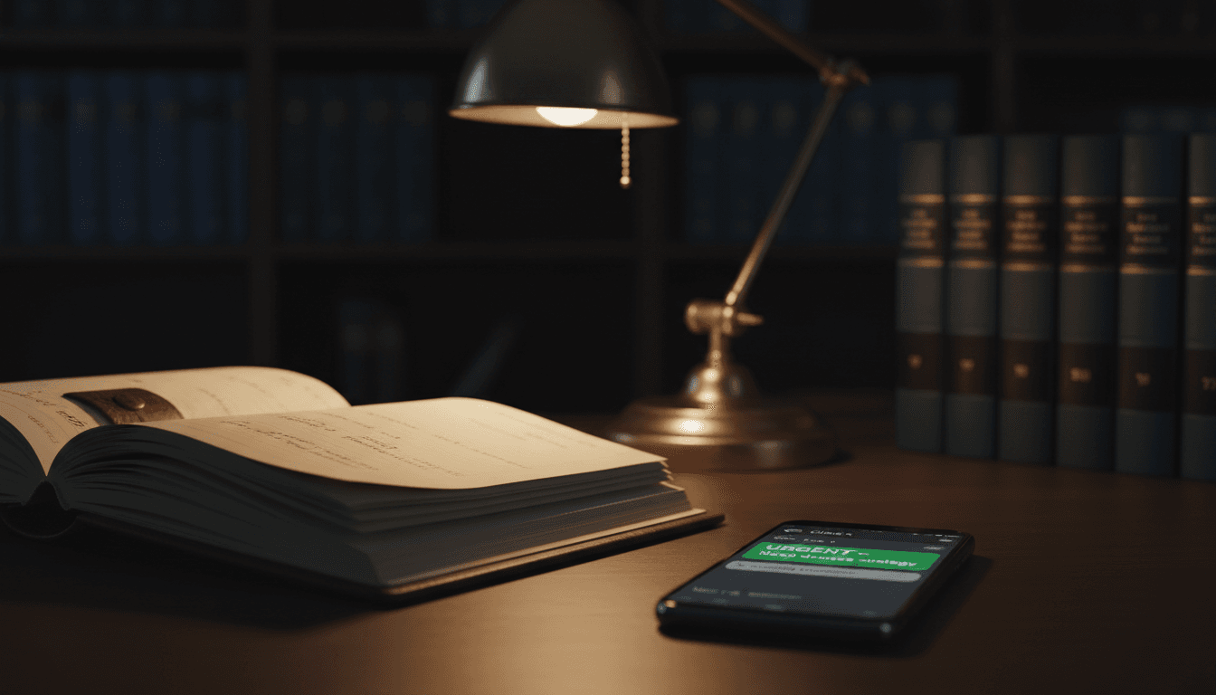 Escritório com mesa de advogado, luz de abajur e um smartphone com WhatsApp visível