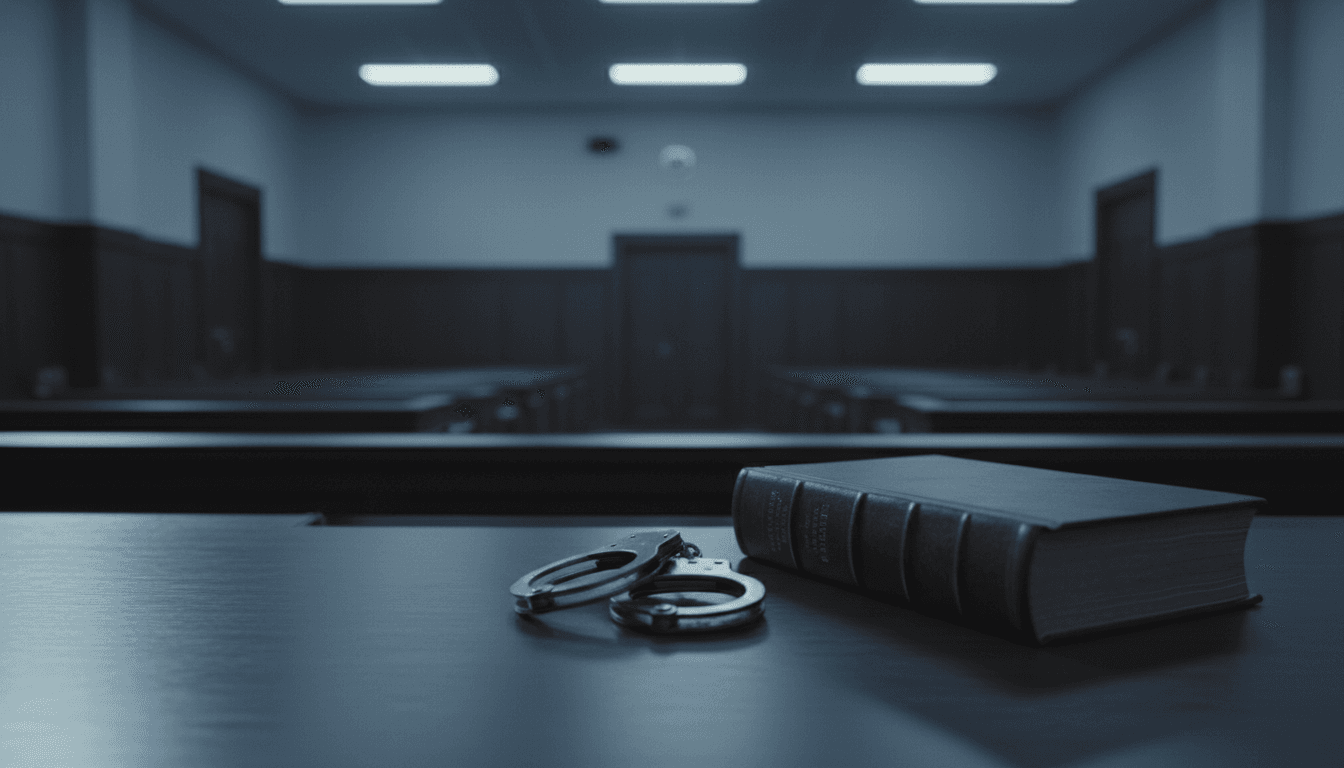 Algemas e livro de leis sobre bancada de tribunal