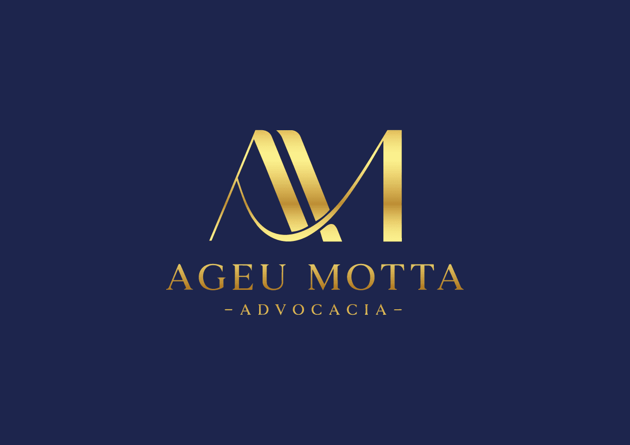 Logotipo dourado com monograma AM estilizado e texto Ageu Motta Advocacia sobre fundo azul escuro.