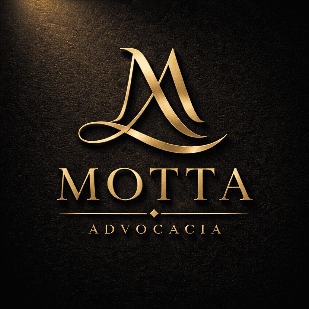 Logotipo dourado sofisticado da Motta Advocacia em relevo sobre uma superfície preta e texturizada.