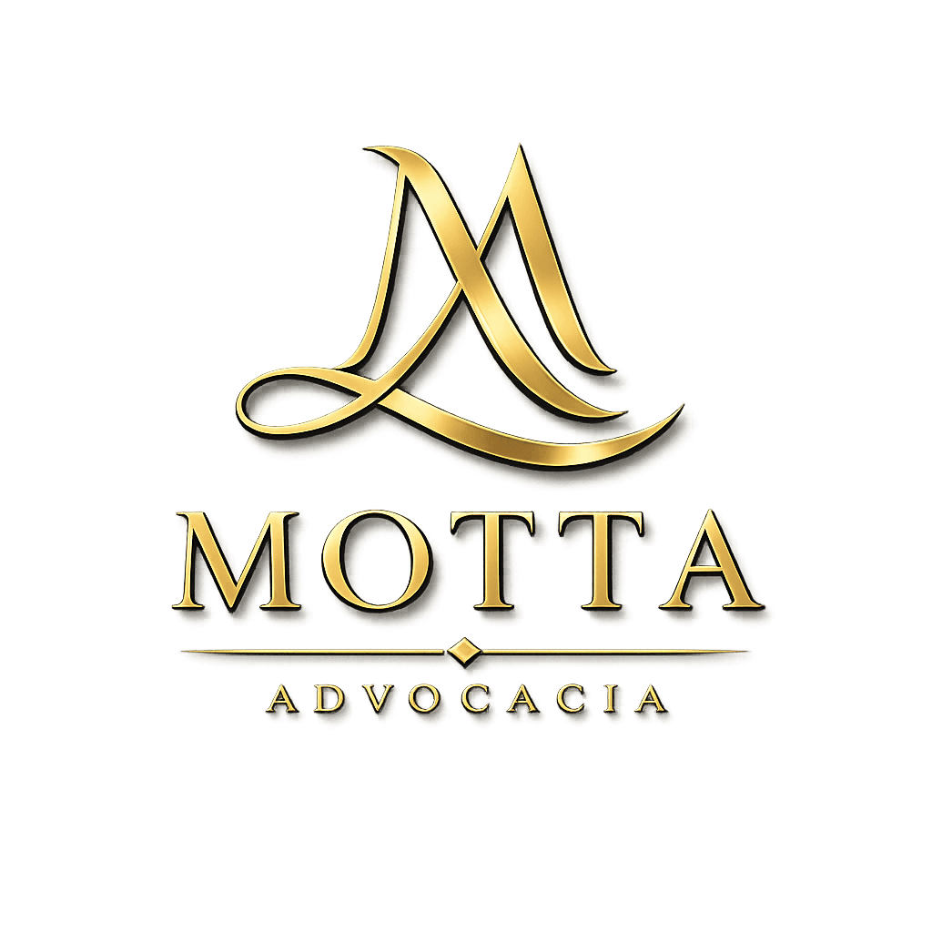 Logotipo dourado da Motta Advocacia com monograma elegante e letras serifadas sobre fundo preto.